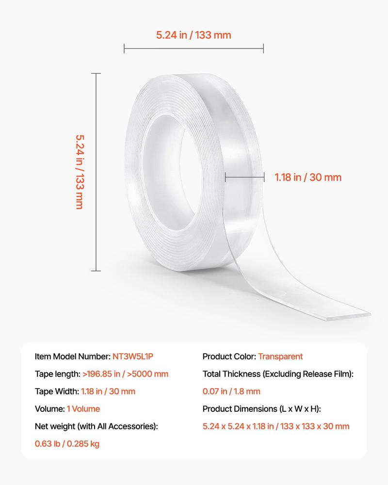 VEVOR Double Sided Tape Heavy Duty, 16 ft Long Nano Mounting Tape, Strong Adhesive & Reusable, Clear Two Sided Wall Tape, Removable Poster Picture Hanging Strips for Home, Office, Car, Outdoor Use