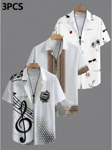 3-Pack Summer New Men's Music Symbol Beach Sand Print Short Sleeve Shirt, Casual Fitted Blouse, All Seasons Wear, Plain Surface Design