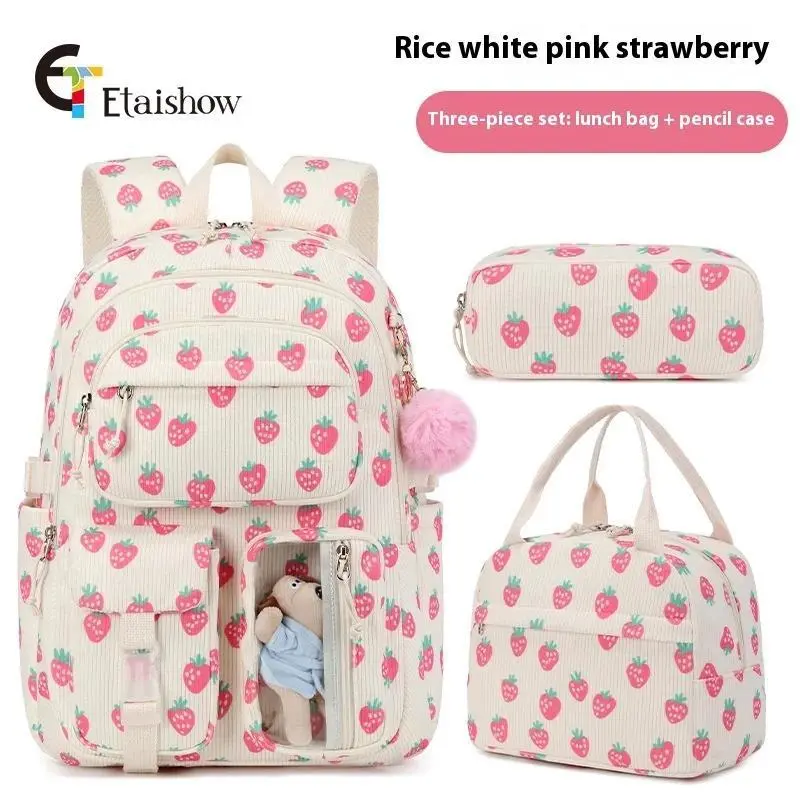 3pcs Corduroy College Backpack with Lunch Bag Pencil Case Cute Girl School Strawberry Print Bookbag Daypack Set for Teens Women