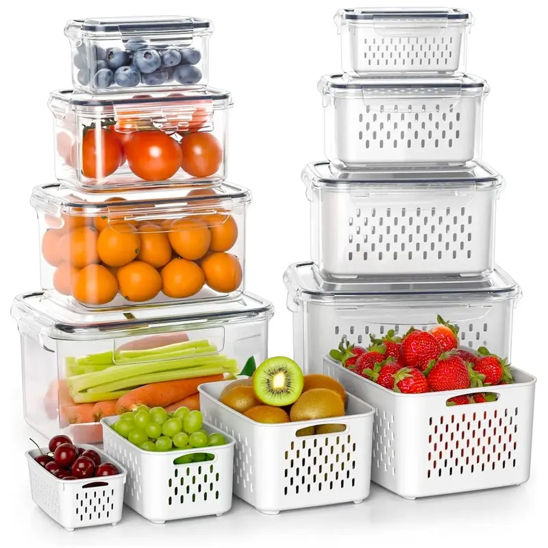 4 /8Pack Double Drainage Fruit Vegetable Storage Containers, Kitchen Organizer Bins, Durable Household Food Storage Boxes, Keep Berries, Lettuce, Salad, Meat Fresh