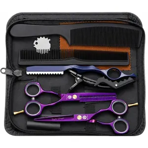 5.5 inch Hair Cutting Scissors Set with Razor, Leather Scissors Case, Barber Hair Cutting Shears Hair Thinning/Texturizing Shears Professional Hairdresser or Home Use (Purple)