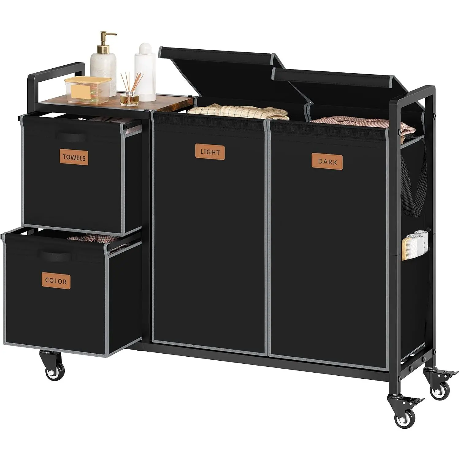 4 Section Laundry Cart, 48 Gal. (182L) Laundry Hamper with Lid, Laundry Basket with Wheels, Rolling Laundry Sorter Organizer with Shelf, Clothes Separator with Removable Bags, Black