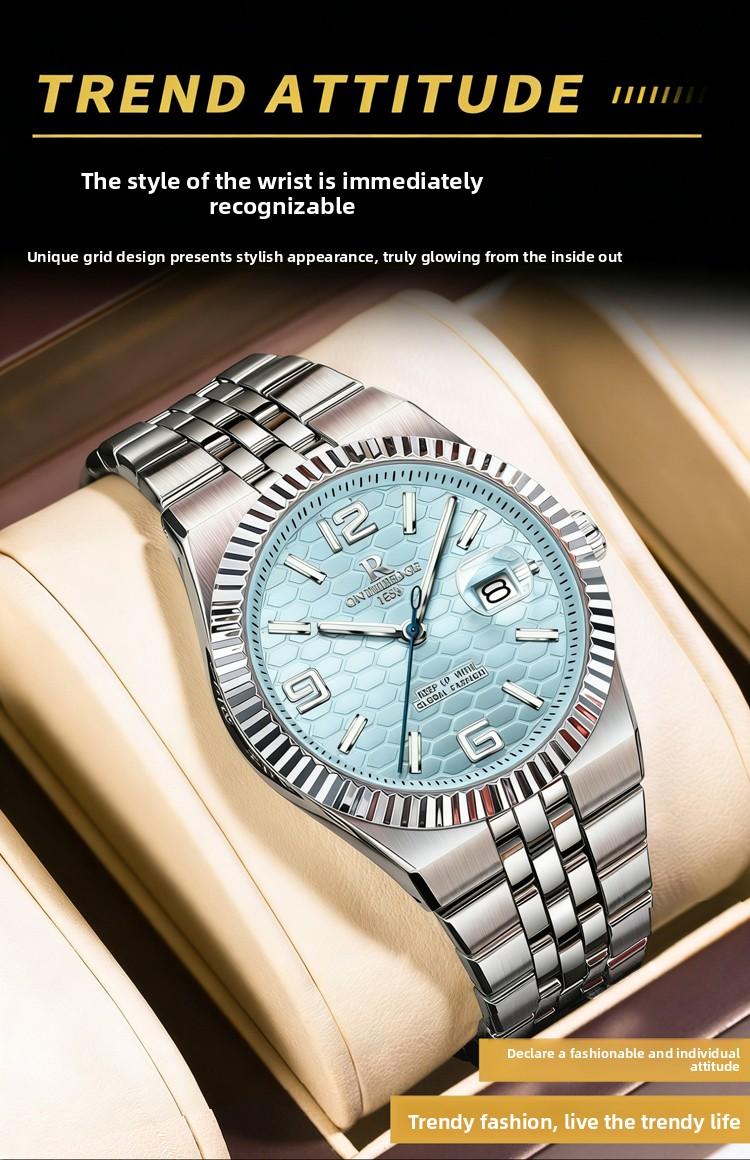 Men's Luxury Silver Stainless Steel Quartz Watch - Ice Blue Textured Dial with Fluted Bezel, Date Display, Luminous Hands, Elegant Business Dress Wristwatch, Perfect Gift for Him