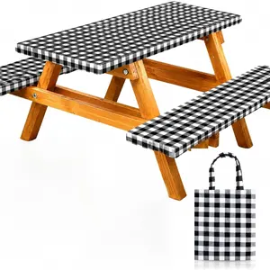 Vinyl Fitted Picnic Table Cover with Bench Covers and Bag, 6ft Outdoor Waterproof Windproof Tablecloth with Elastic Edges. Camping RV Gear Campers Must Have 72x30 Inches 4 Pcs Set (Black)