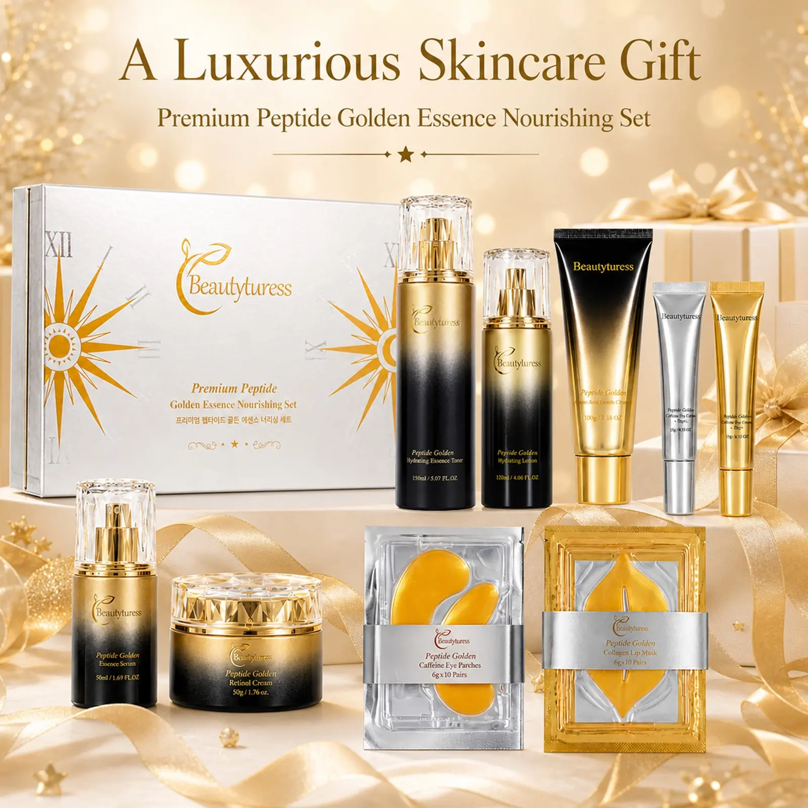 Peptide Nourishing Skincare Set, Contains Collagen, Caffeine, Peptides, Tightening, Hydrating, Suitable for All Skin Types, Luxury Gift Box