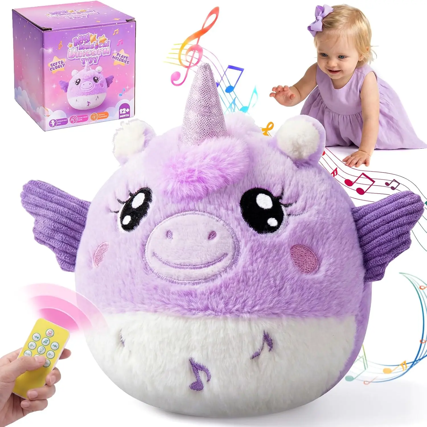 Music Crawling Toy for Baby 6-12 Months, Unicorn Tummy Time Toys & Floor Play Infant Stuffed Animal Toy with Volume Adjustable/Rechargeable/Record, Baby Remote Control Sensory Toy Girl Gift Set