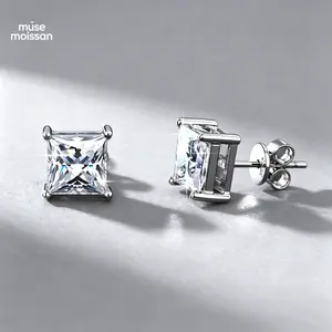 MUSE S925 Sterling Silver 1 Carat Princess Cut Moissanite Stud Earrings 4-Prong VVS Diamond-Like Unisex Jewelry
