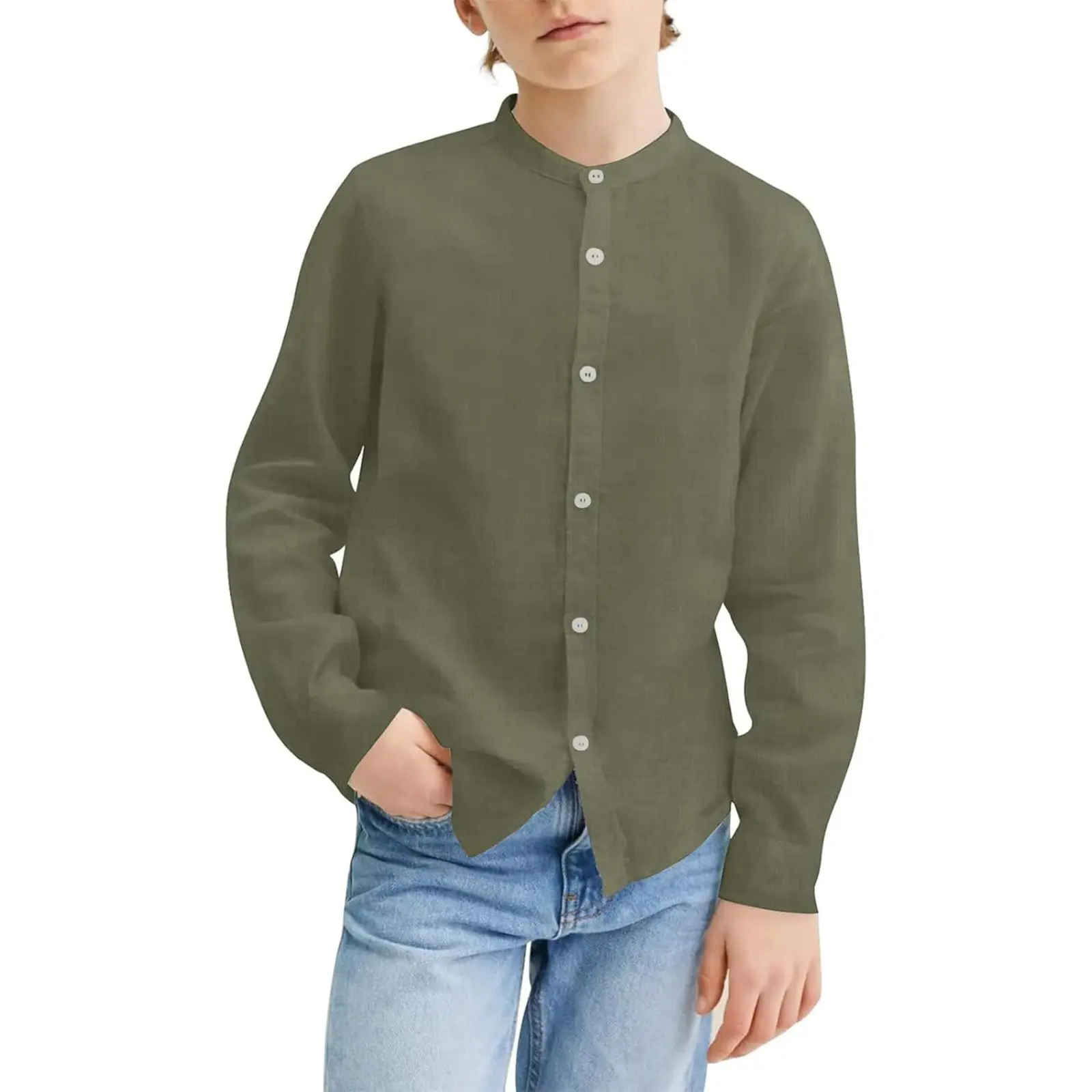 Mafulus Boys' Linen Fabric Button Front Full Length Shirt, Mandarin Collar, Loose Fit, Casual School Summer Top, Prop 65 Safe Kids' Clothes