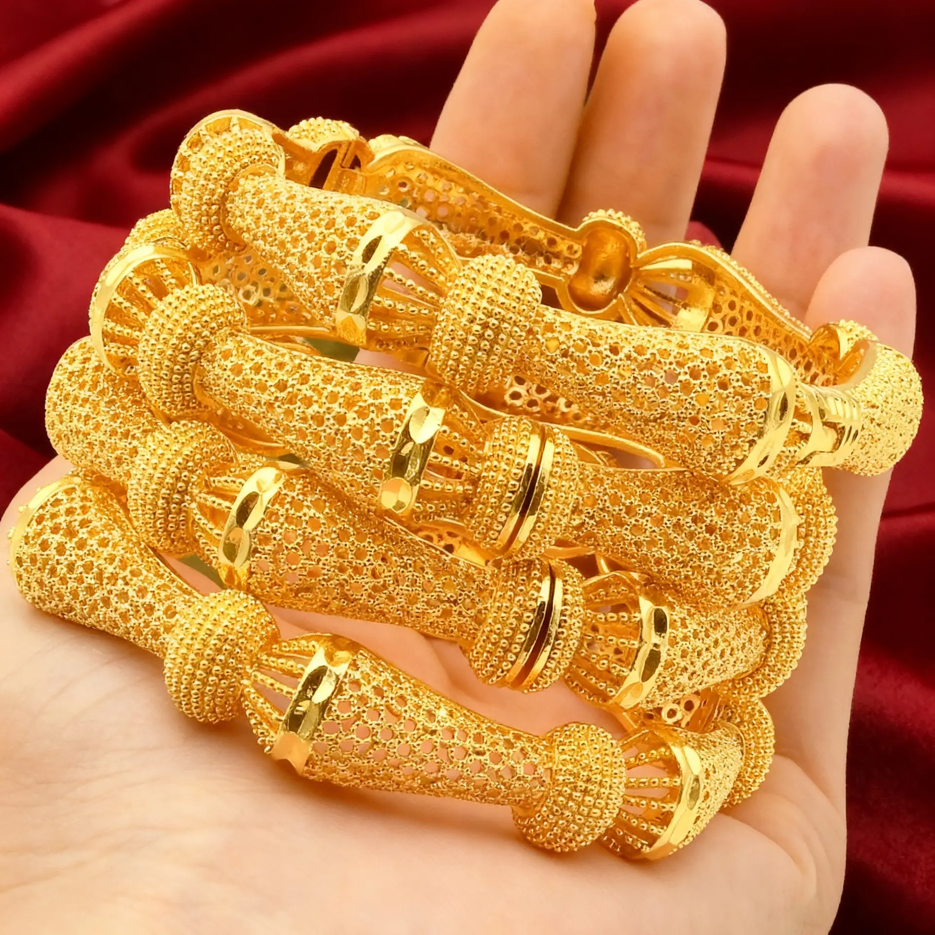 Women's 24K Gold Plated Filigree Bangle Bracelets - Vintage Hollow Textured, Stackable Costume Jewelry for Wedding Bridal Gift