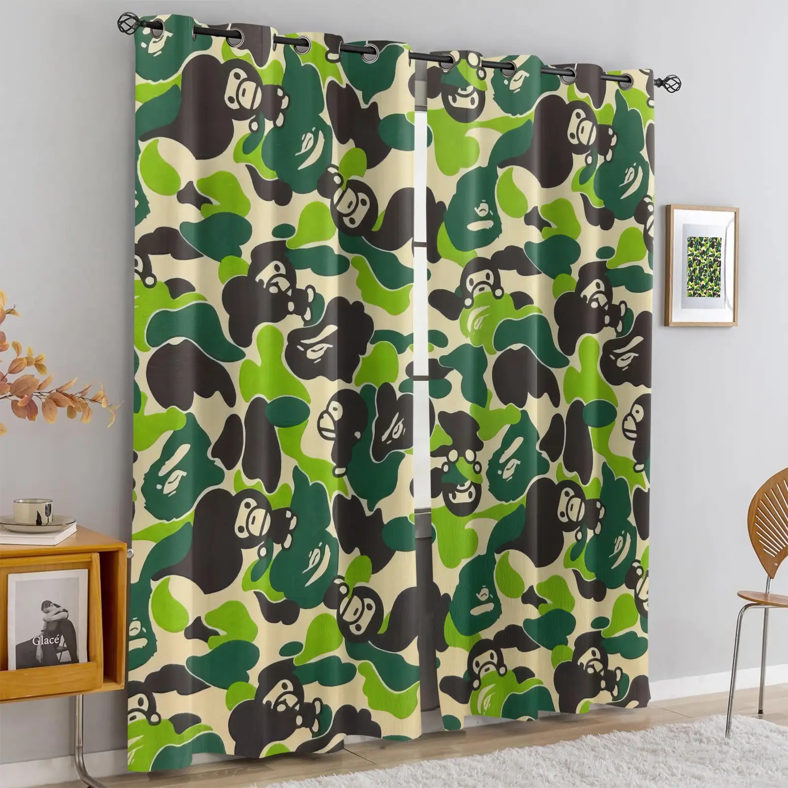 2 Panels Floor Length Window Curtains, Privacy Semi Sheer Window Drapes, Camo Cartoon Monkey Window Coverings for Street Culture Hobby Game Studio, Hip Hop Themed Airbnb, Teen Boys Cool Play Nook, Reading Corner Decor, Home Decoration Curtain