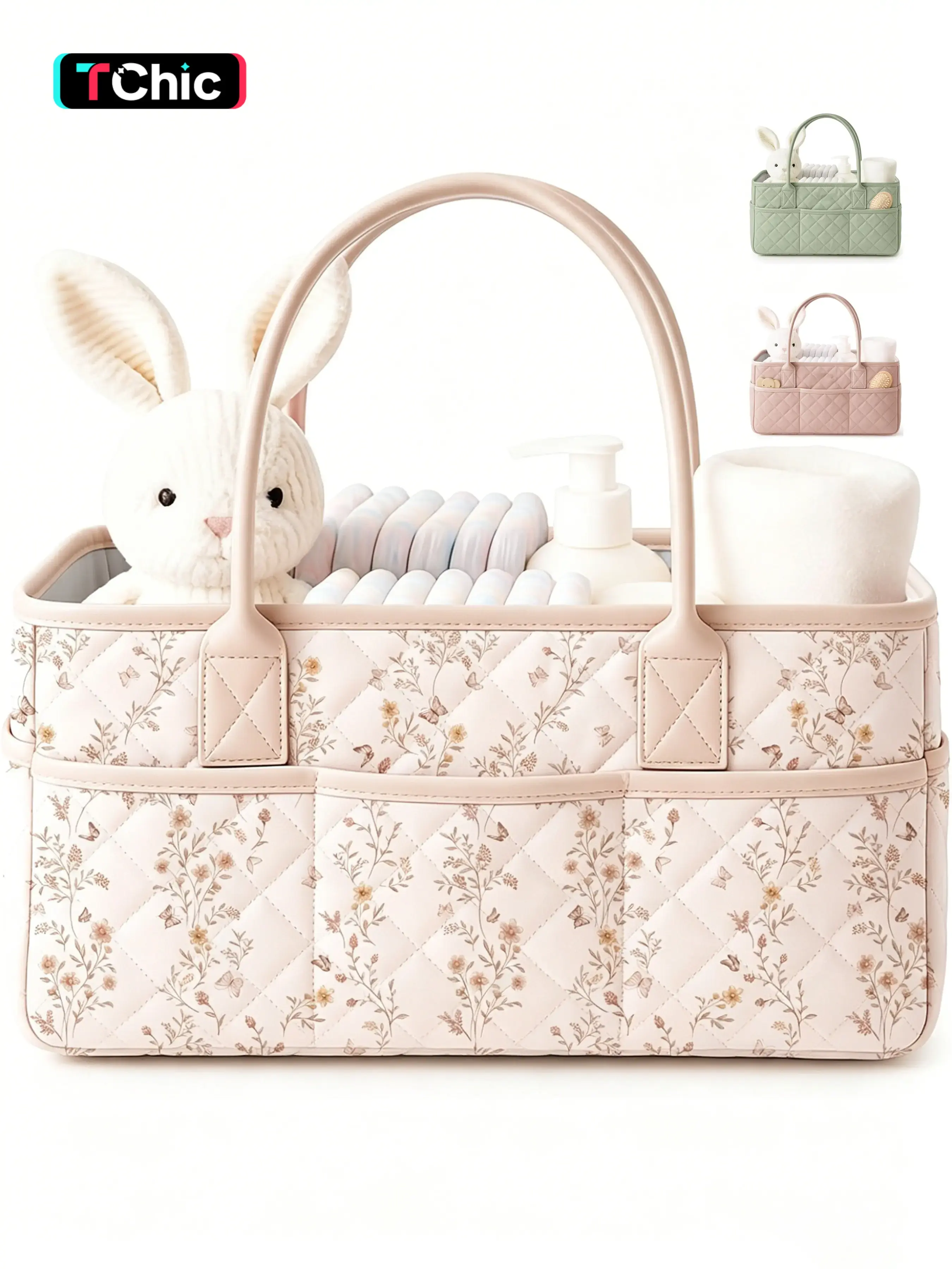 Floral Quilted Diaper Caddy Organizer, Diaper Bag Organizer, Diaper Caddy Basket with PU Leather Handles, Water-Repellent Nursery Storage Basket, Portable Car Organizer, Registry Search Must Haves