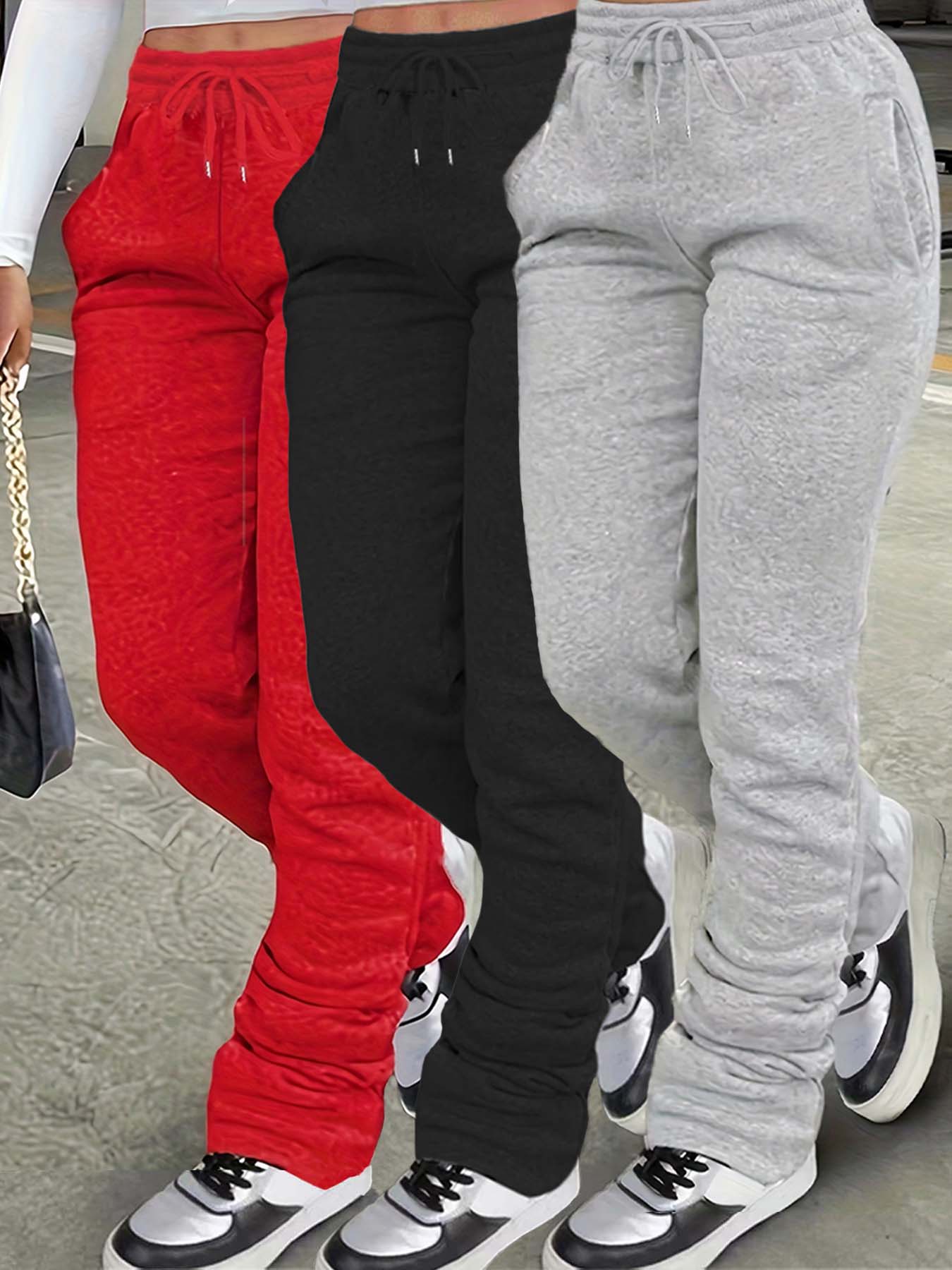 Women's Plain Pocket Drawstring Sweatpants, Casual Comfy Elastic Waist Jogger Pants for Daily Wear, Drawstring Stackable Pants for Tall Girl, Baggy Pants, Sweatpants for Women, Ladies Bottoms for All Seasons, Jogger Pants for Women, Baggy Jogging Pants