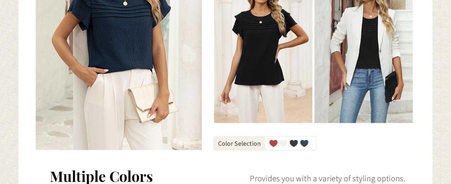 Women's Dressy Casual Blouses Summer Ruffle Short Sleeve Tops Crew Neck Pleated Front Shirts 2026 Light Soft Textured Fabric Multiple Colors Round Neck tops #Springfresh