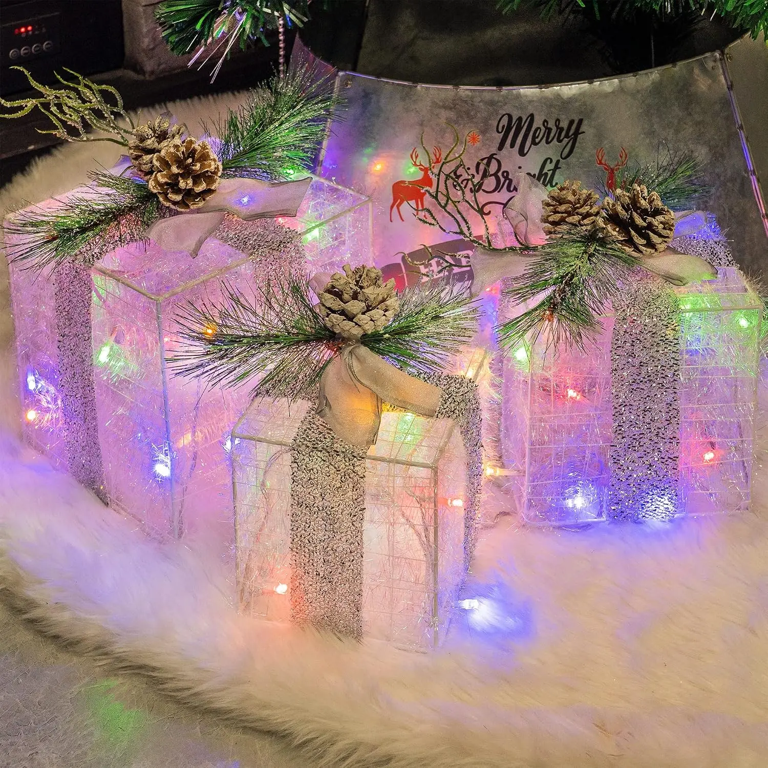 Set of 3 Christmas Lighted  Boxes, Pre-lit 60 LED Light Up Present Boxes Ornament Outdoor Multi Color Tinsel Boxes Decoration for Indoor Christmas  Yard Lawn Decor