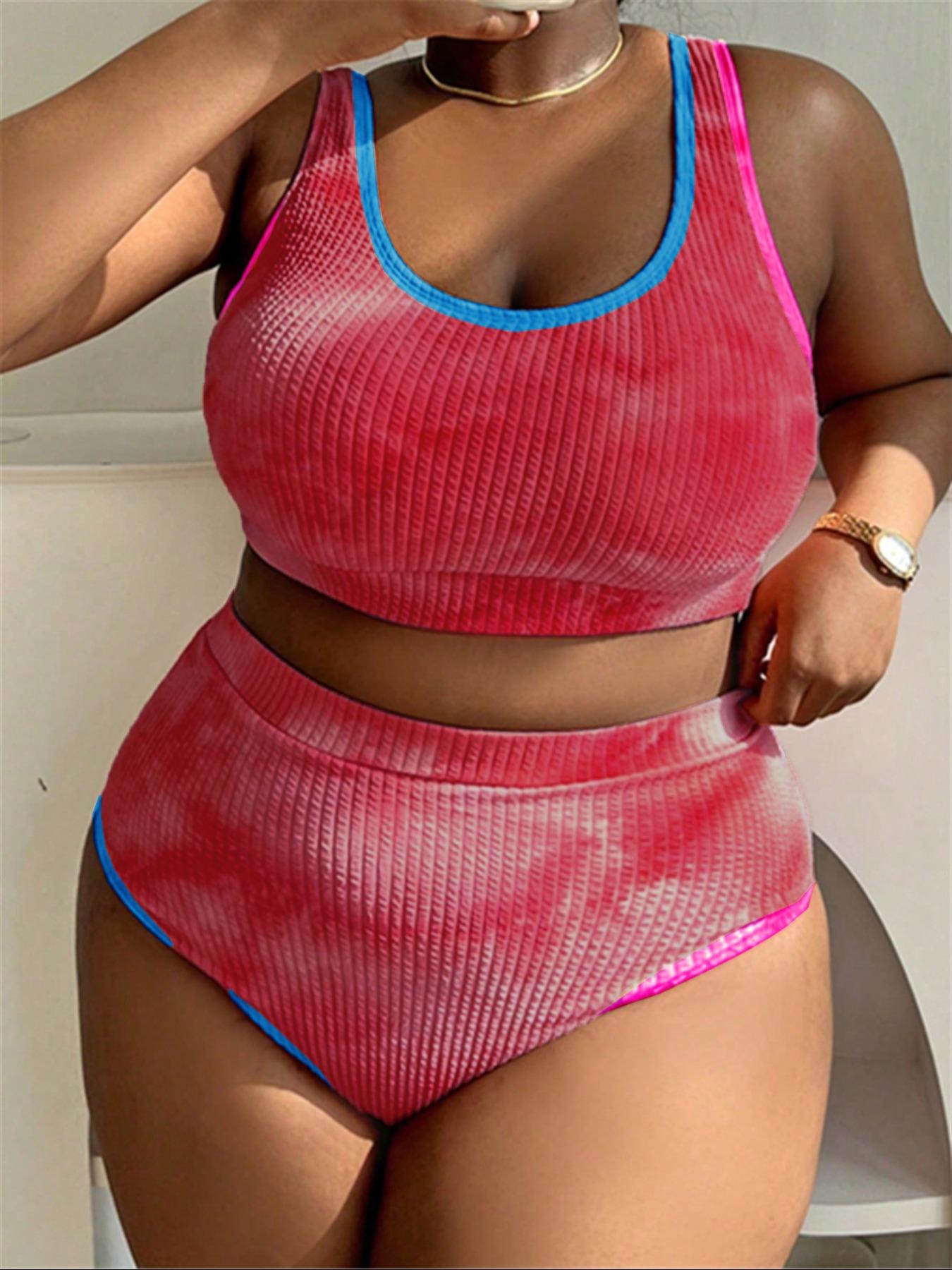 Two-Piece Set Plus Size Women's Tie Dye Print Contrast Binding Tankinis Set, Chic U Neck Swim Top & High Waist Swim Bottom, Women's Summer Outfits 2024, Tankini Bottoms Set