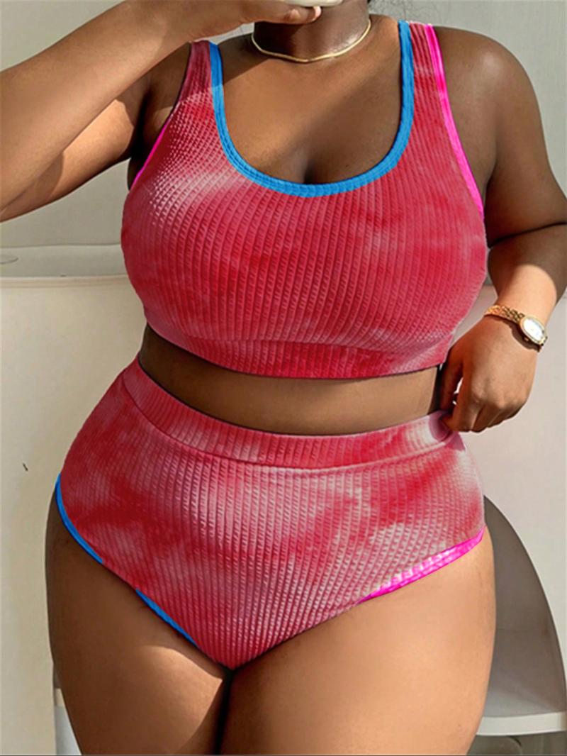 Two-Piece Set Plus Size Women's Tie Dye Print Contrast Binding Tankinis Set, Chic U Neck Swim Top & High Waist Swim Bottom, Women's Summer Outfits 2024, Tankini Bottoms Set