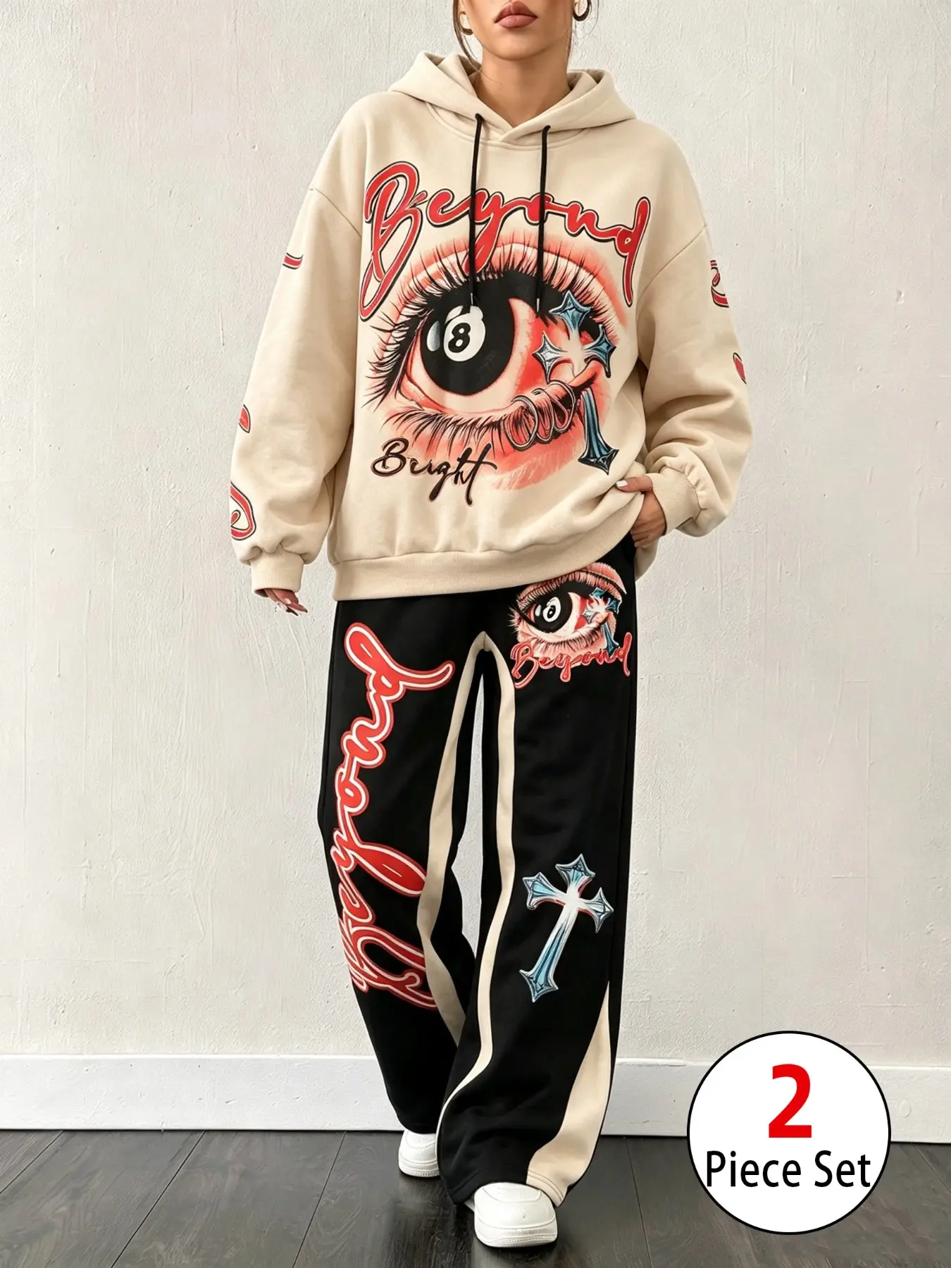 Women 2 Piece Y2K Goth Hip‑Hop Tracksuit, Matching Tracksuit, Cropped Graphic Hoodie & Baggy Wide Leg Sweatpants, Vintage Tie‑Dye Eye Print Drawstring Streetwear Set, Unisex for Street Dance Rave Daily Wear, Fall Winter for Women