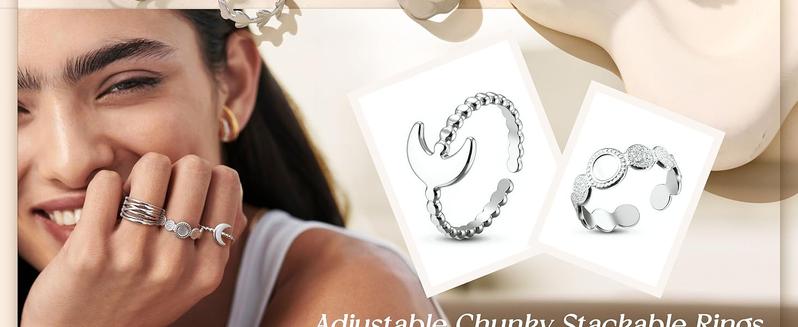 LOLIAS 16Pcs Stainless Steel Rings for Women Chunky Silver Rings Non Tarnish Stackable Ring Open Adjustable Thumb Finger Statement Rings Set