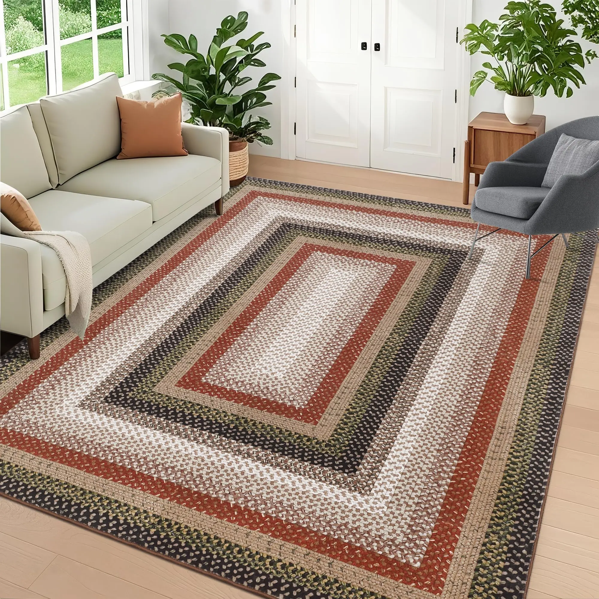 Garvee Washable Rug 10x13 Living Room Rug Braided Print Rugs with Non Slip Backing Non Shedding Low Pile Throw Mats Contemporary Bordered Floor Cover Carpet for Dining Room, Bedroom, Red/Black
