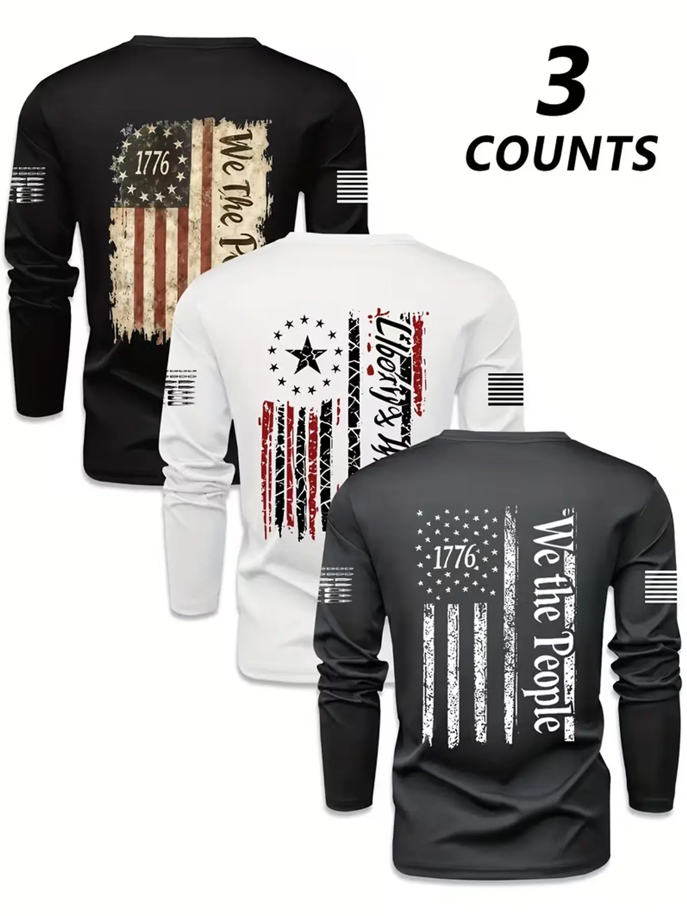 Men 3 Counts Pack Patriotic Compression Long Sleeve T-Shirt Vintage Distressed Vertical American Flag We The People 1776 Liberty Justice Graphic Bullet & Mini USA Flag On Dual Sleeves Quick Dry Muscle Fit Athletic Base Layer For Gym Hunting Motorcycle Out