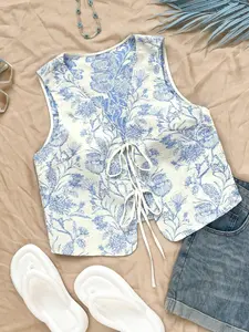 Women's All Over Print Tie Front Crop Tank Top, Boho Sleeveless Top for Beach Vacation Holiday, Ladies Clothes for All Seasons, Womenswear