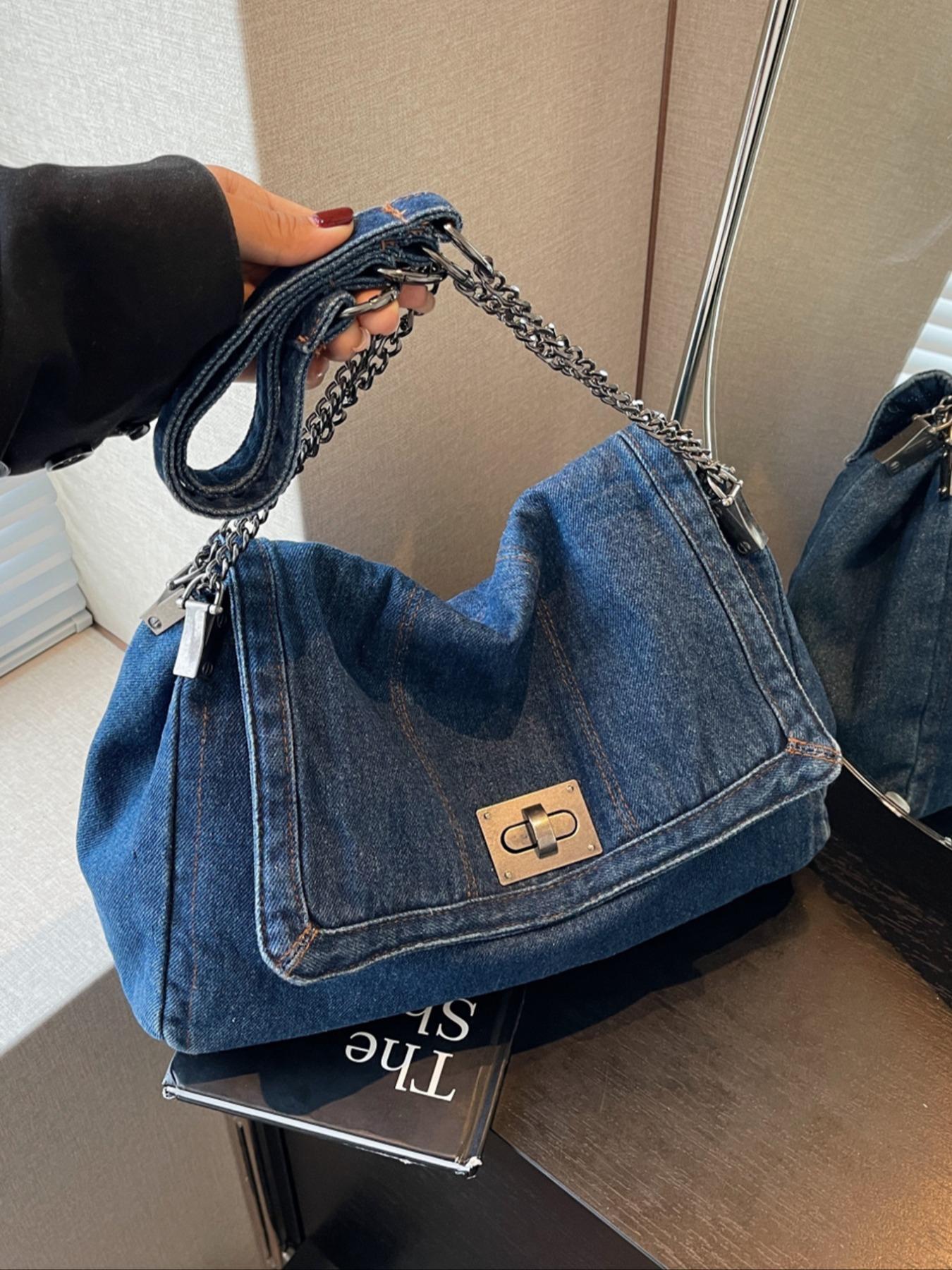 Women's Denim Shoulder Bag, Large Capacity Chic Chain Strap Crossbody Bag for Daily Use, Casual Trendy Versatile Daily Commuting Bag