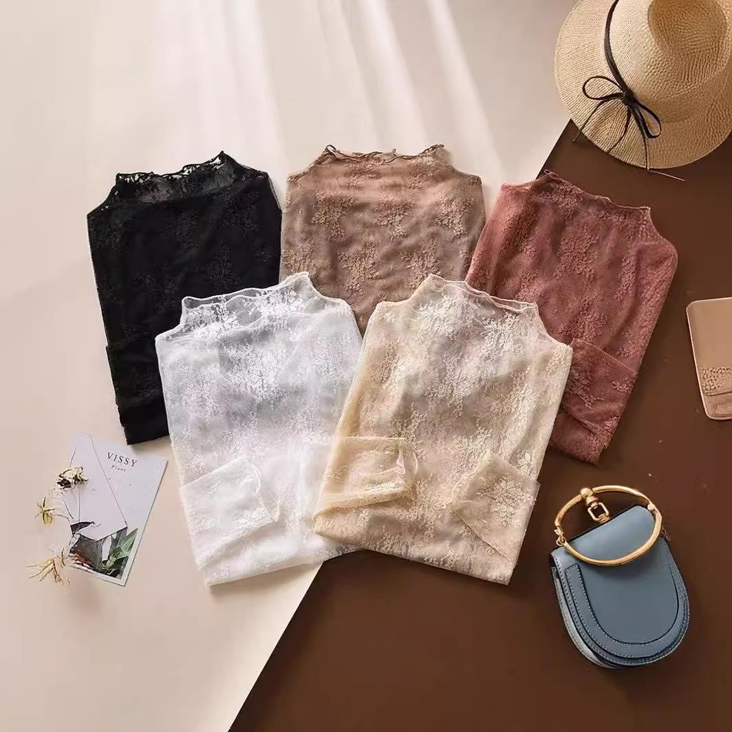 Lace Undershirt for Women 2025 New Style Semi High Neck Shirt Mesh Long Sleeved Sexy Top