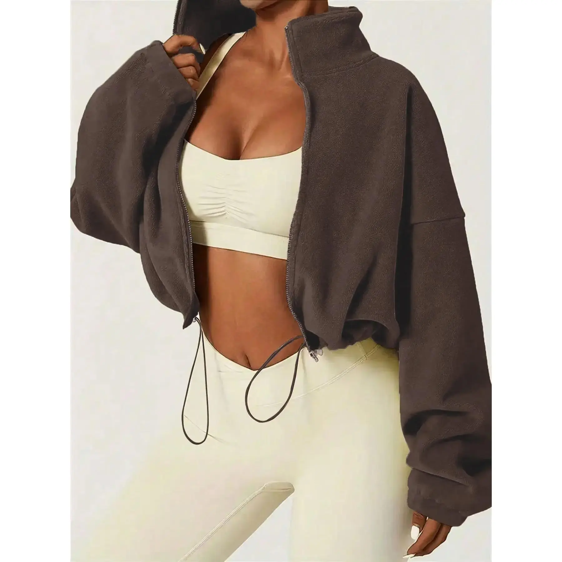 Women's Autumn Winter Fleece Jacket, Basic Stand Collar Zipper Pocket Design, Adjustable Drawstring, Casual Warm Loose Short Coat for Ladies, Daily Wear Outerwear