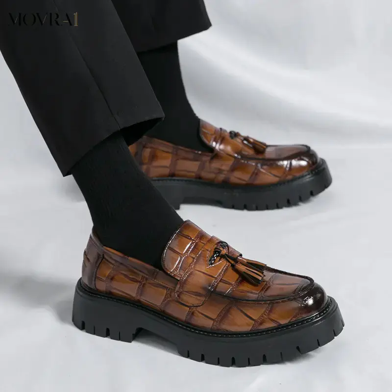MOVRA1 Men's Leather Upper Printed Platform Penny Loafers, Fashion Round Toe, Metal Decoration, Non-Lug Sole, Business Dress Shoes for Office, Party