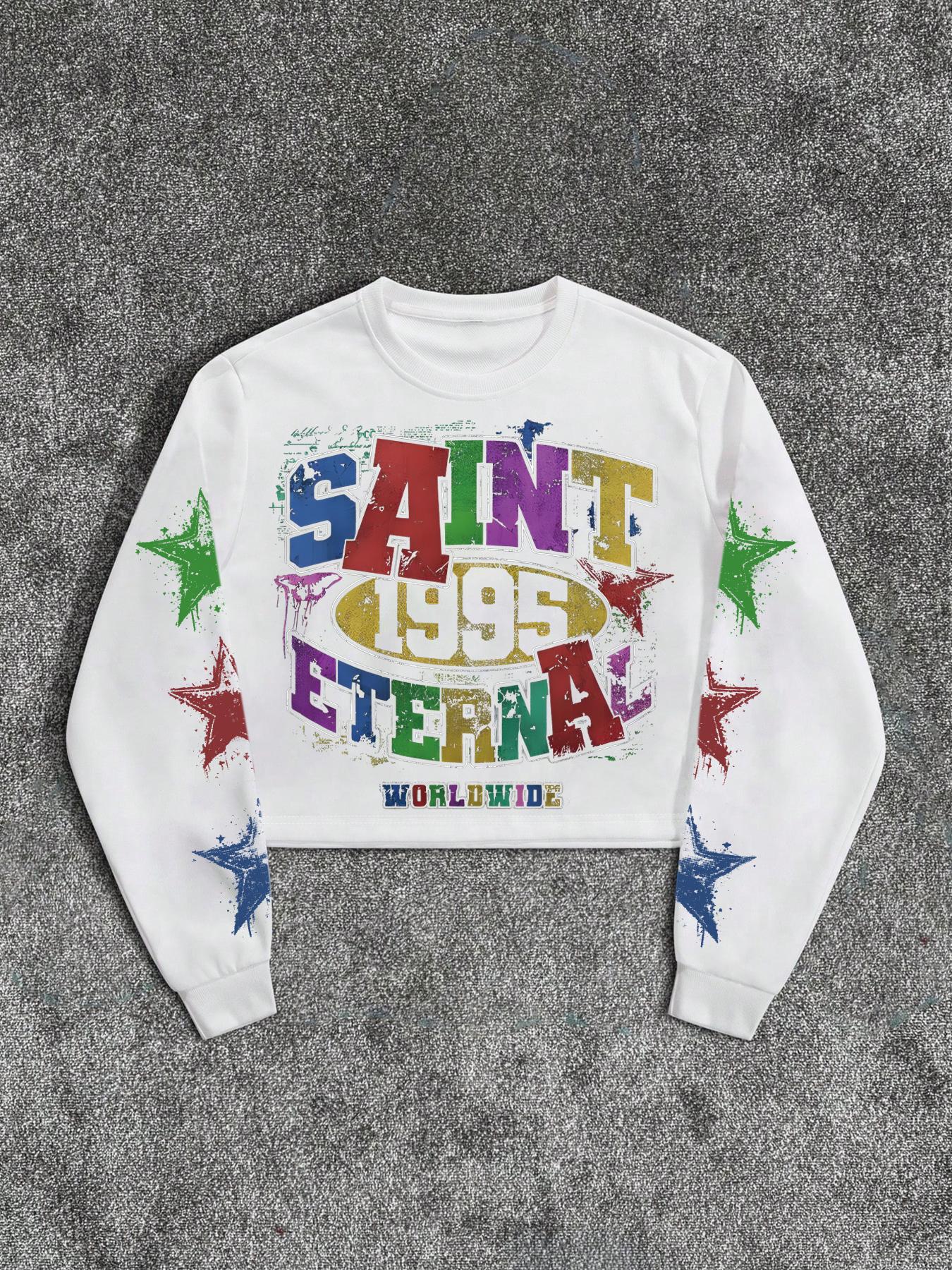 Unisex Letter & Star Print Round Neck Sweatshirt, Regular Fit Casual Street Long Sleeve Pullover for Daily Wear, Unisex Top for All Seasons, Graphic Sweatshirts, Graphic Streetwear Clothing