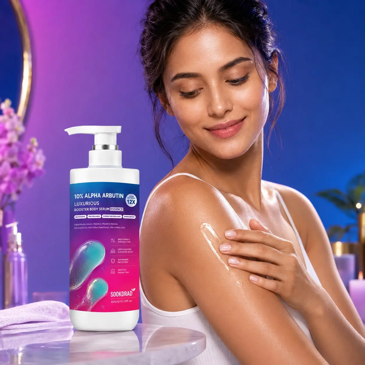 Booster Body Serum Essence, 10% Alpha Arbutin, Glutathione, Fish Collagen, Hydrolyzed Collagen, Chromabright, Vitamin C, Vitamin E, Allantoin, Acenora Extract, Vitis Vinifera Seed Extract, Vitis