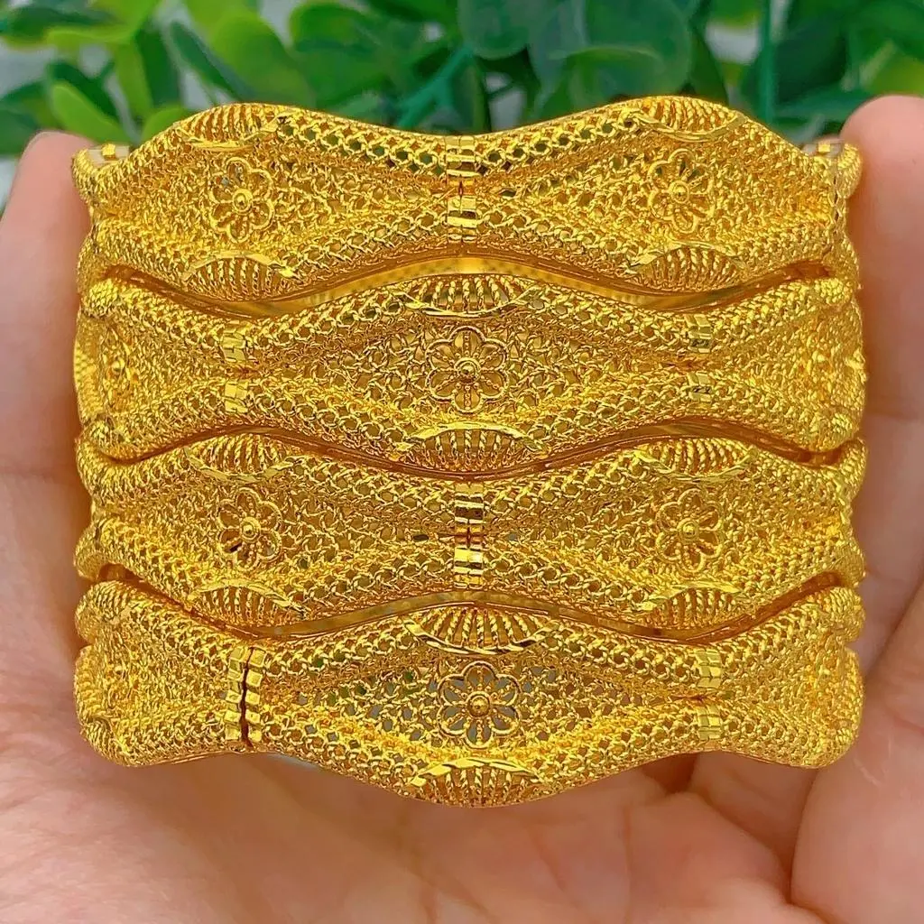 Ethiopia 24k Gold Color Bangles For Women Dubai Indian Bridal Bangles Bracelets Hollow Wedding Bangles Jewellery Party Gifts