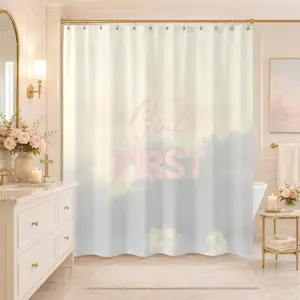 1 Pack Minimal Fresh God First Cloud Text Shower Curtain, Soft Healing Religious Single-Side Digital Printed Waterproof Fabric Shower Curtain with Hooks, Bathroom Decor for Home Bathrooms & Vacation Rentals, Religious Themed Gift Shower Curtain