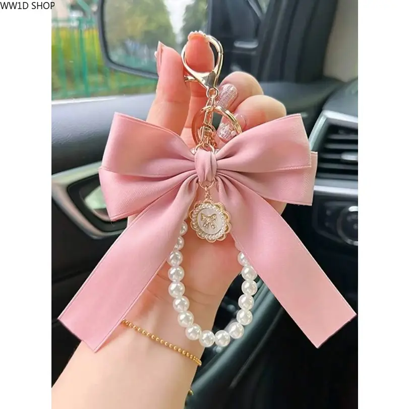 Elegant Satin Ribbon Bowknot Bag Charm Keychain - Bag Accessories with Bow Pearl Chain, Handbag-Backpack-Car Key Pendant, Stylish Decor for Daily Use & Gifting, Unique Bow Pearl Chain, Kawaii Accessories, Anniversary