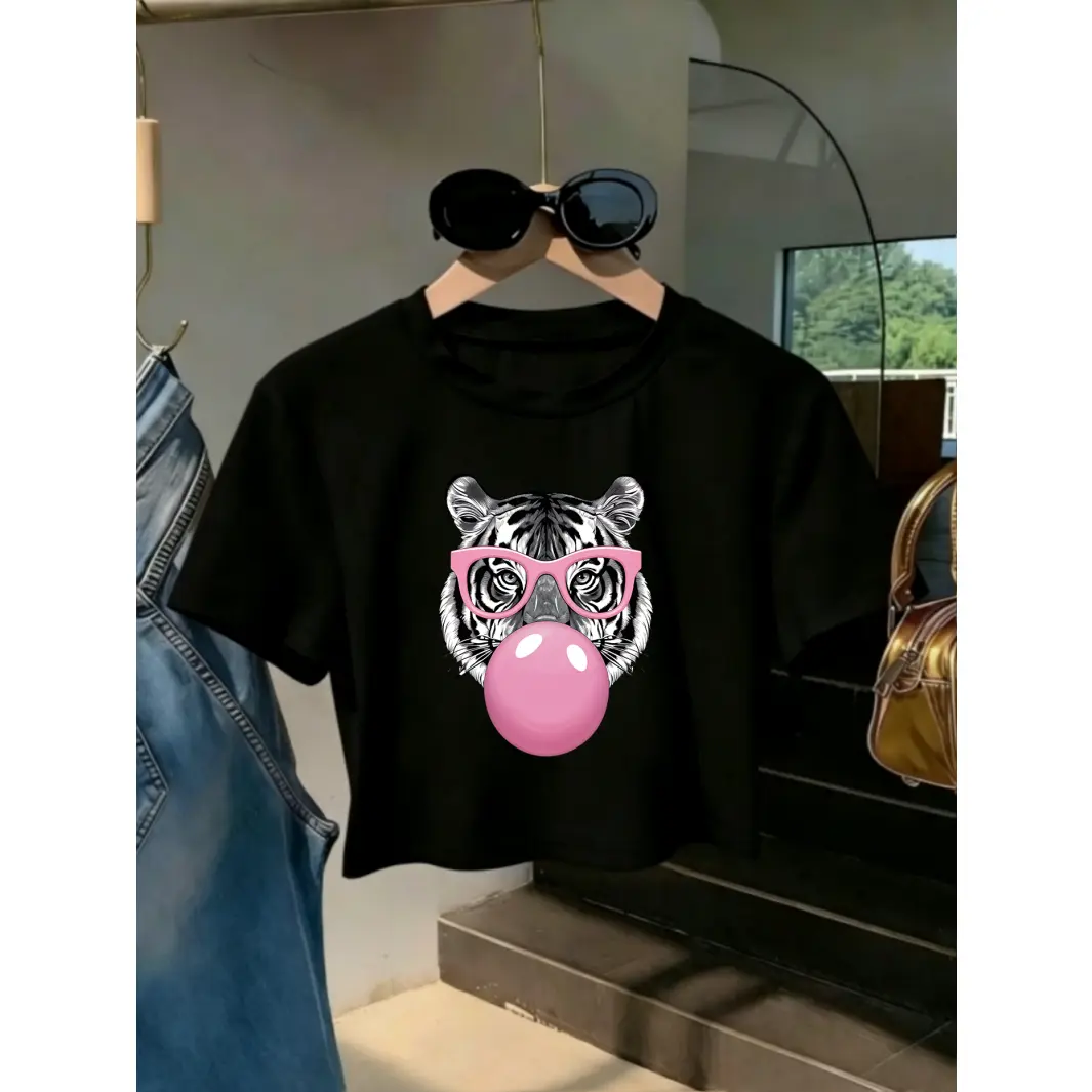 Tiger Face Bubblegum Graphic Crop T Shirt For Women Cute Streetwear Short Sleeve Crew Neck Soft Cotton Summer Casual Going Out Top