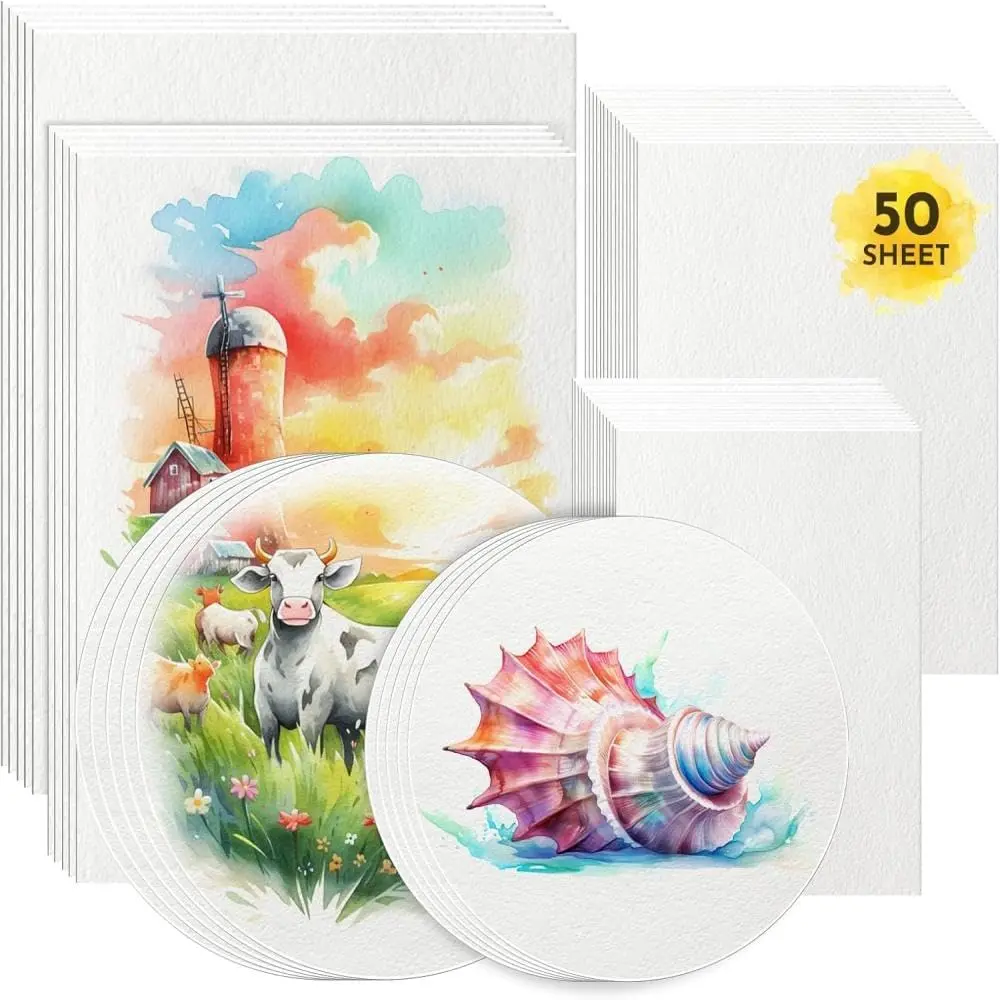 50 Sheets Watercolor Paper Bulk, 6 Sizes 9" x 12",8" x 10",8" x 8" etc.(300 GSM), White Water Color Paper for , Adults, Artists, Painting & Craft Paper, Watercolor Paper, Drawing Supplies