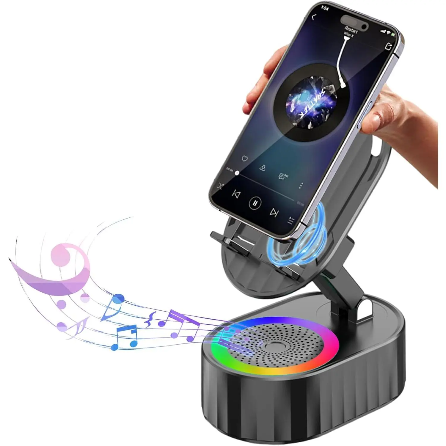 Induction  Speaker 5in1 Phone Holder Speaker | 3000mAh Rechargeable Phone Speaker Amplifier,Ambient Light,Portable Stand for ,Android,Ideal  for Men/Women,Black