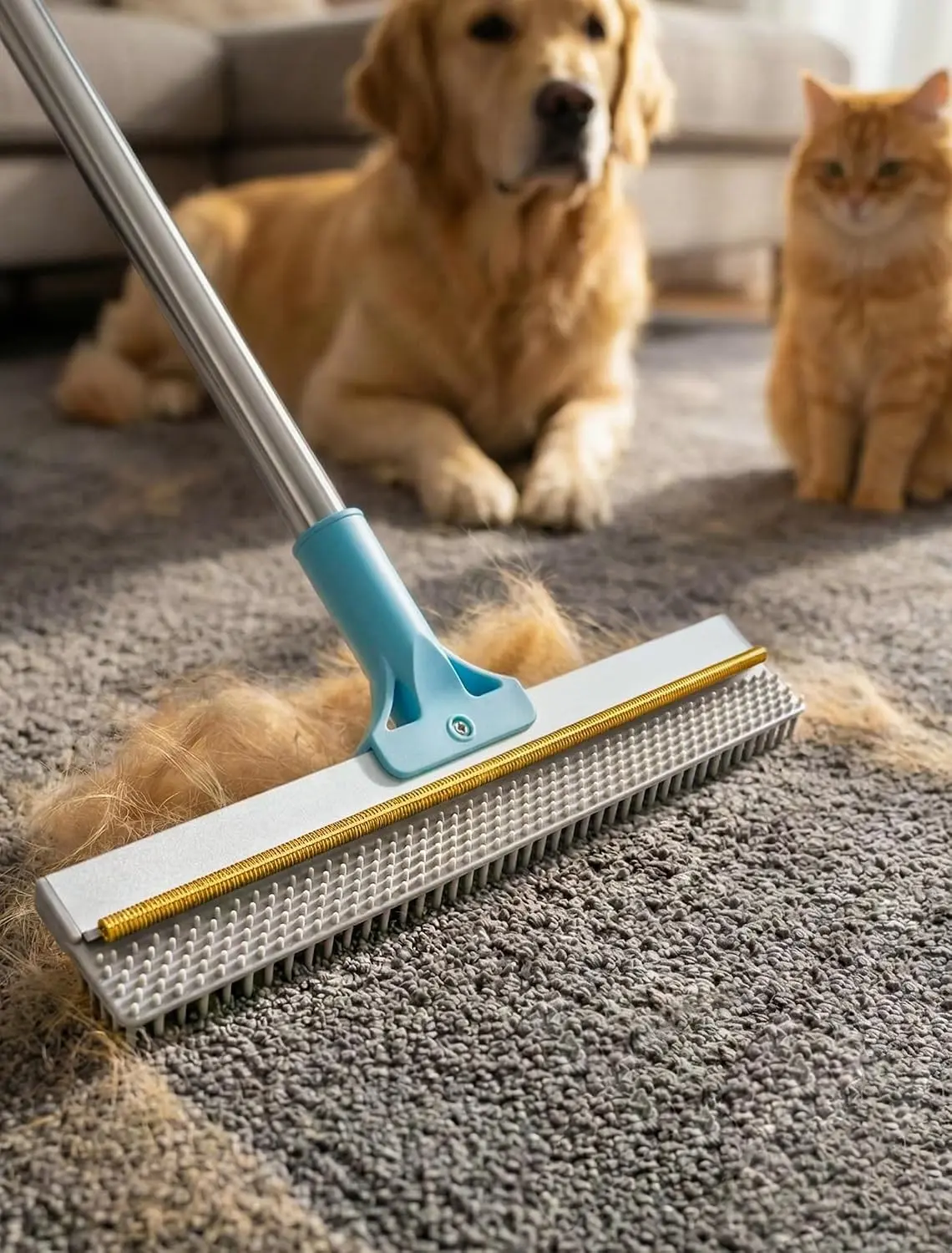 Carpet Rake for Pet Hair Removal: Carpet Scraper Broom with 54” Adjustable Long Handle, Dual-Sided, Metal + Short Silicone for Carpets & Rugs, Extended Silicone for Shag Rugs & Hard Floors