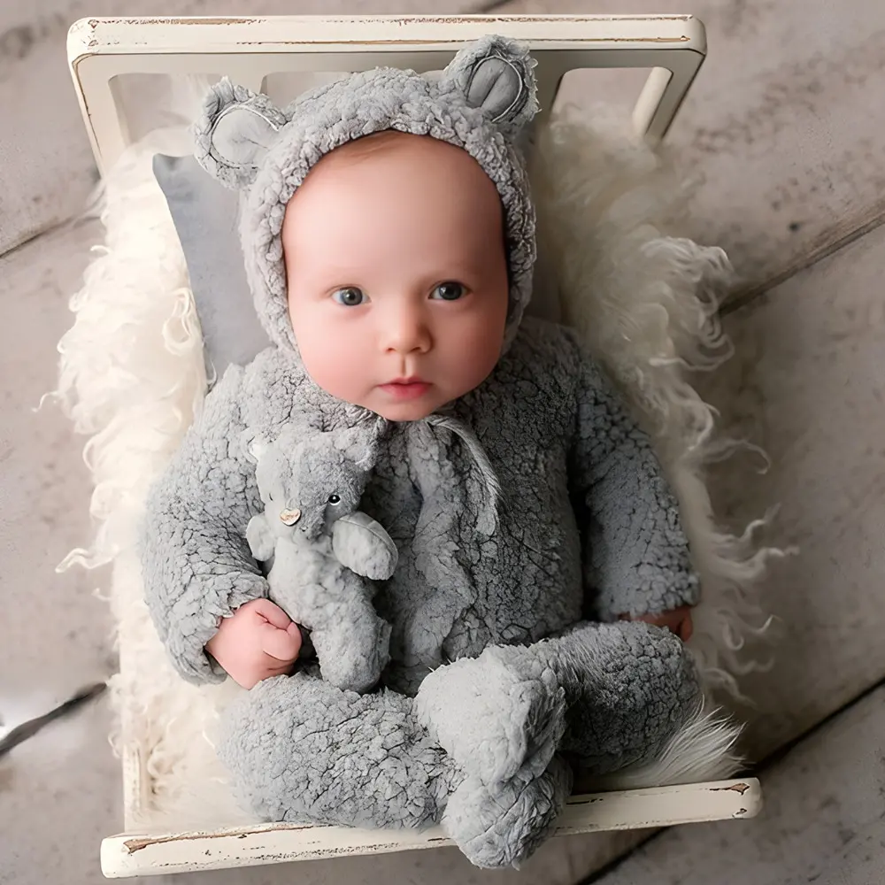 Fluffy Bear Themed Photo Outfit Set, Soft Plush Footed Romper with Matching Hat, Studio Shooting Prop Costume for New Moms Photoshoot