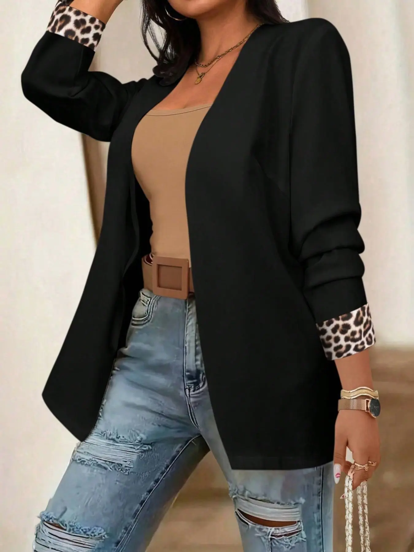 Women's Open Front Long Sleeve Leopard Print Sleeve Jacket, Casual Office Street Style, Business Casual, Animal Print Fashion