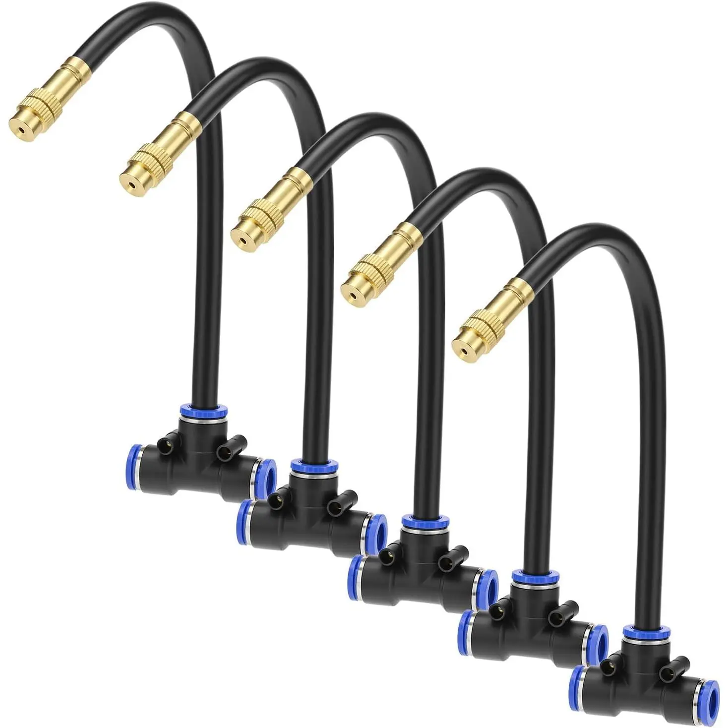 Brass Misting Nozzles Tee with 8" -in Hose, 5 Pack Brass Water Mister Nozzles Thread Sprayer 0.043", 360° Adjustable Rotation, Energy Efficient with Easy Installation