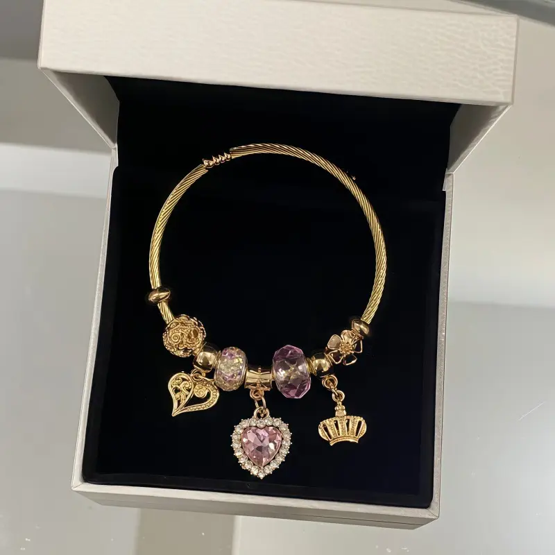 Romantic Pink Heart Crystal Bangle Bracelet, Adjustable Open Cuff Twisted Wire Bracelet, Crown Hollow Heart Dainty Charm Jewelry Gift for Women