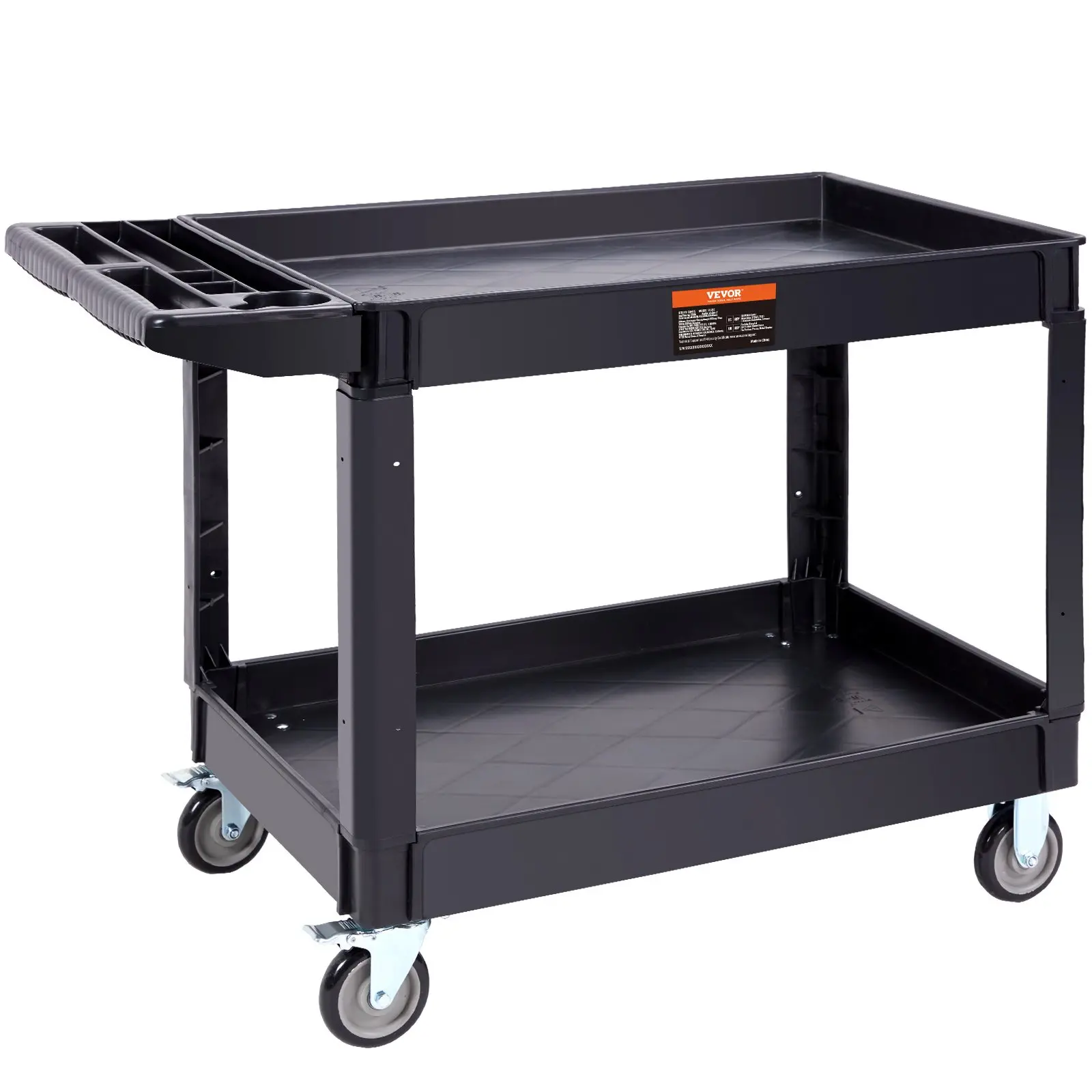 VEVOR Sturdy Utility Service Organiser Cart, 2-Shelf 550 lbs Load Heavy-Duty Plastic Rolling Cart with 360 Swivel Wheels (2 with Brakes), Large Lipped Shelf, Compartment, Ergonomic Handle for Work Warehouse