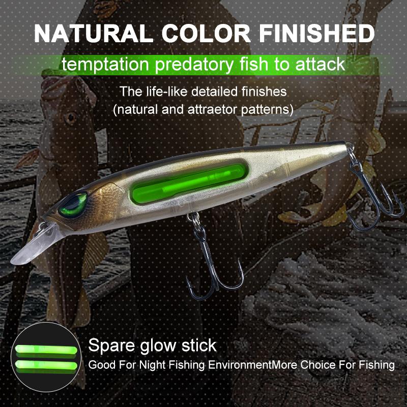 Glow In Dark Sinking Minnow Lures 14.4g Fishing Bait Set Realistic Luminous Swimbaits Sharp Hooks Durable Hard Baits for Freshwater Saltwater Bass Trout Walleye Outdoor Fishing Tackle Gear Angling Supplies