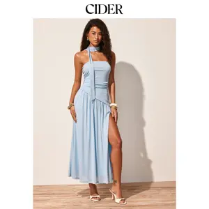 Cider Textured Halter Neckline Ruched Split A-line Maxi Dress With Scarf