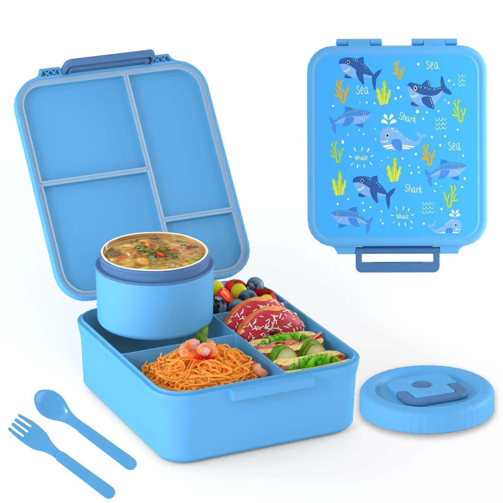 Nifogo Kids' Leakproof Portable Thermal Plastic Lunch Box - 4-Compartment Food-Safe Container, 8.5oz Soup Thermos, Compartmentalized Lid, Blue Nylon Insulated Bag with Adjustable Strap for School, Travel
