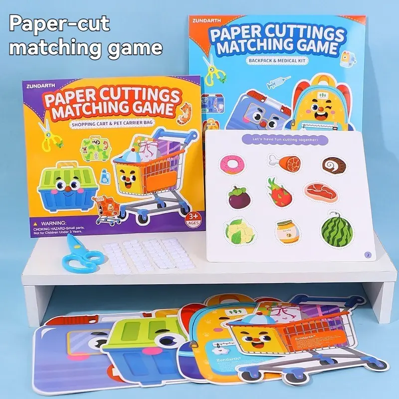 Paper Cutting Matching Game Book Set, Safe Scissors & Velcro Accessories, 36 Patterns, Reusable Indoor Toy, Perfect Gift