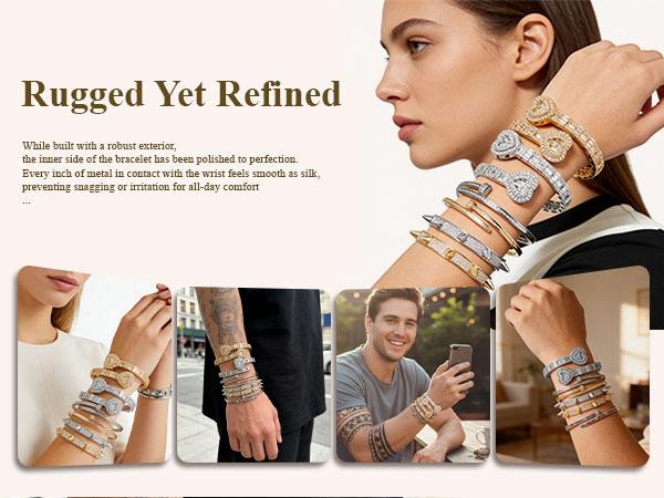 14K Gold Plated Brass Nail Bangle Bracelet for Women Men, 5A Cubic Zirconia Inlaid Unisex Stackable Non Tarnish Gold Bracelets