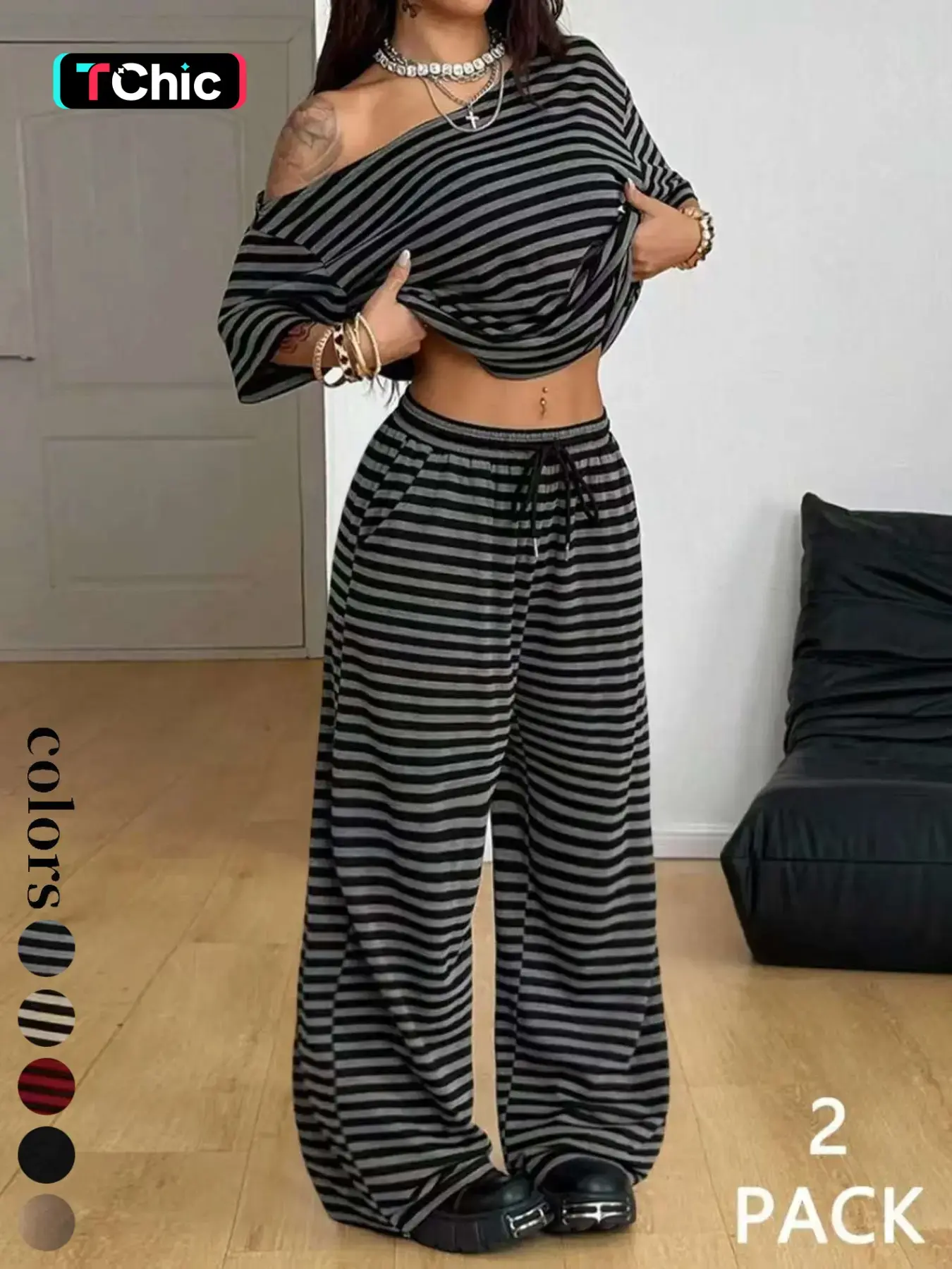 Women's Casual Loose Oversized Streetwear Two-Piece Set, Comfortable Striped Shoulder-Exposed Top & Wide-Leg Pants, Daily Wear Sportswear