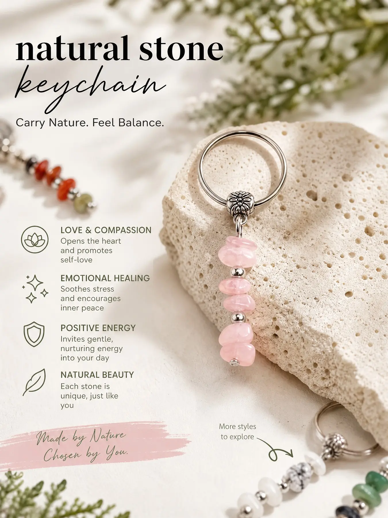 "Good Vibes Anywhere" Genuine Natural Stone Keychain - Portable Healing Crystal Pebble Pendant for Car Keys, Backpacks & Daily Luck